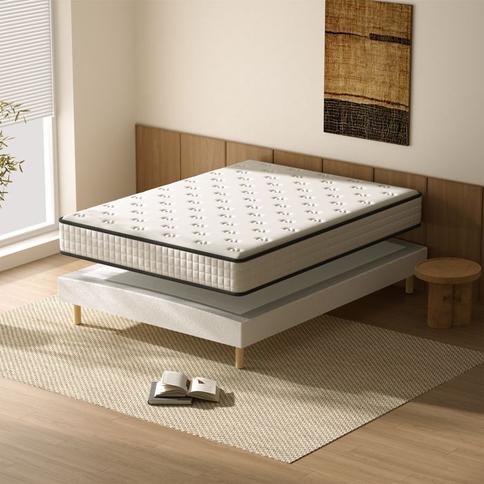Colchón tapizado y base de cama 140x190, espuma viscoelástica, colchón 140x190x22 - base de cama 140x190