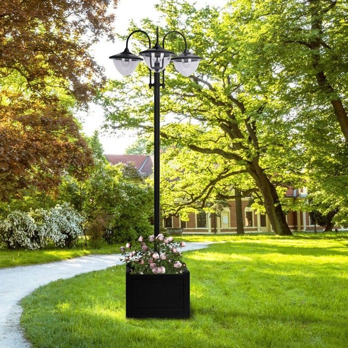 Black metal solar floor lamp IP44, garden lantern 60 x 55 x 189 cm with flower pot base - Decorative outdoor balcony lighting