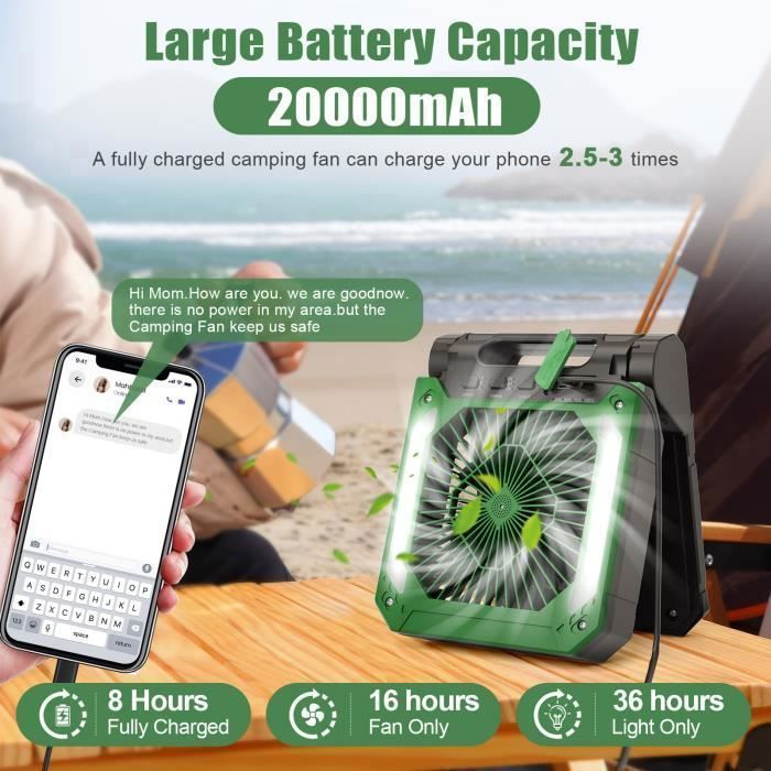 Ventilador de mesa silencioso con luz LED, ventilador portátil recargable de 20000 mAh, ventilador solar para camping, verde