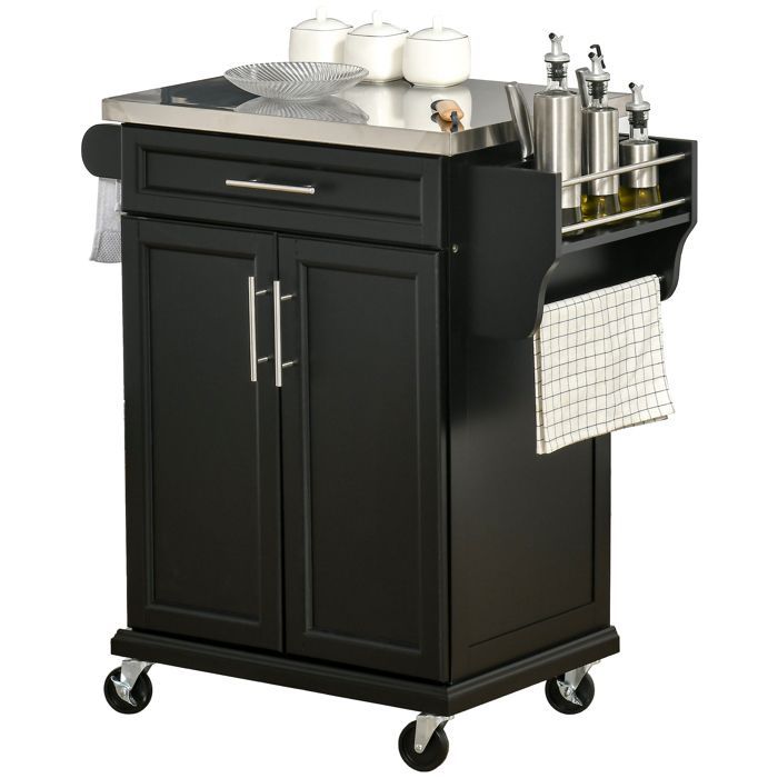 Desserte de cuisine - HOMCOM - roulettes îlot central plateau inox étagère réglable tiroir - métal - 83,5x45,7x90,5cm - noir