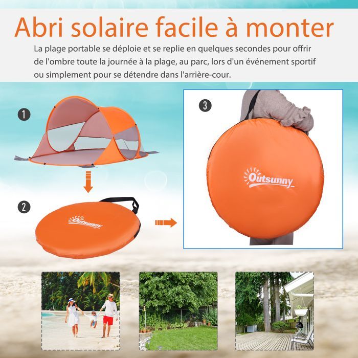 Outsunny - Abri de plage - Tissu de polyester - 200x120x90cm - Orange