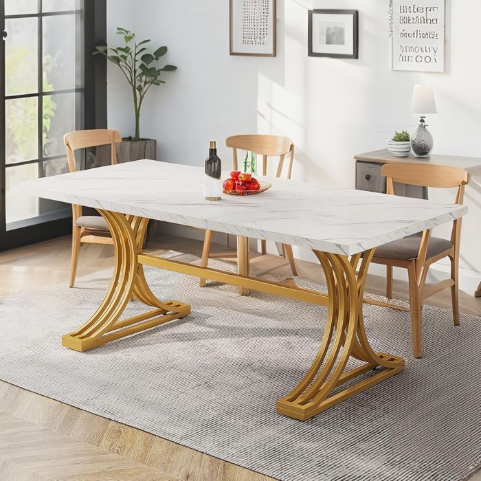 Mesa de comedor moderna - 160×80×75 cm - Base con estructura metálica - Para comedor o cocina (blanco/dorado)