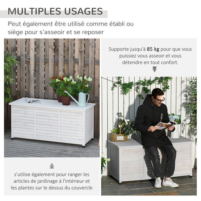Coffre de rangement extérieur - Outsunny - 283L - petites ouvertures en bas - 2 chaînes - en bois - 127 x 56 x 60 cm - blanc