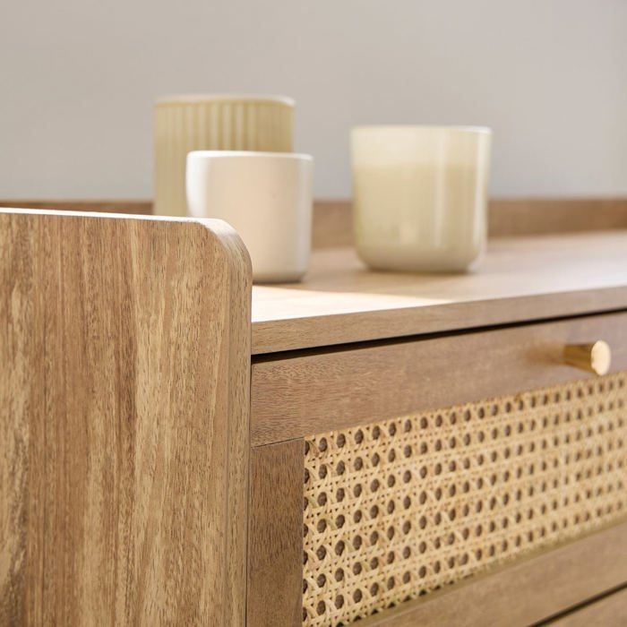 CALICOSY - Commode 6 tiroirs avec façades en rotin naturel L120 cm PALMO - Bois clair