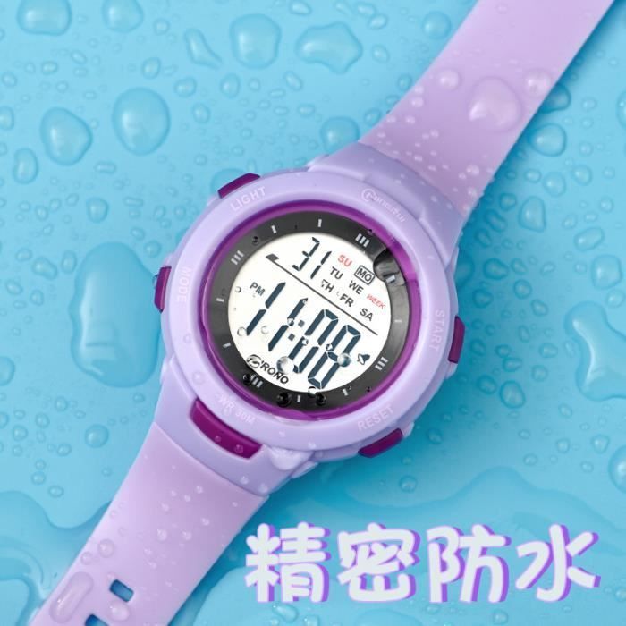 Orologio digitale da ragazza viola impermeabile fino a 3 ATM con semplice display fluorescente e display multifunzione.
