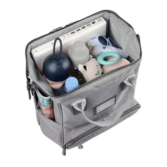 Mochila cambiador BEABA Wellington para bebé, gran capacidad de almacenamiento, cambiador incluido, amplia abertura, gris.
