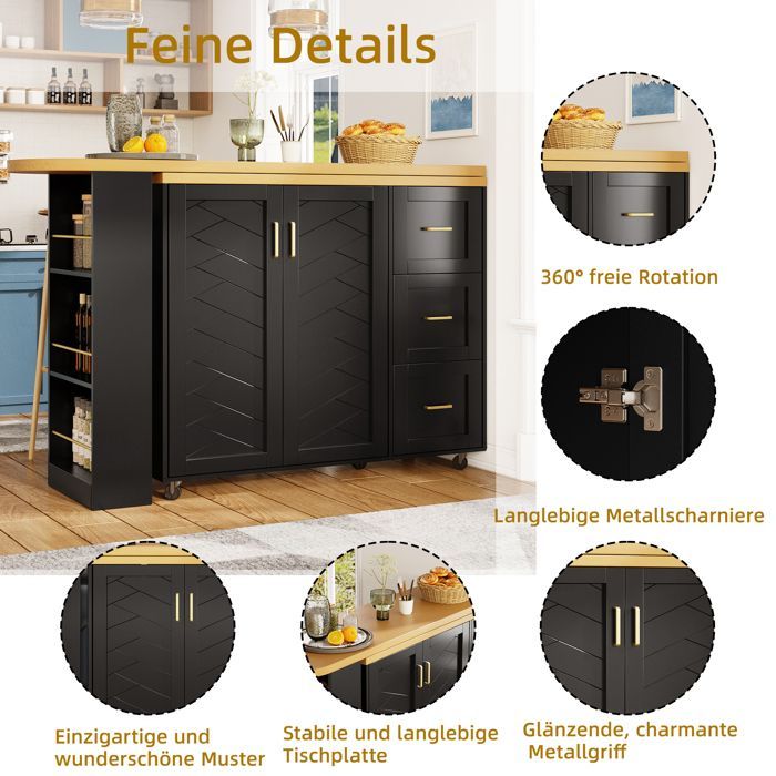 Aparador de cocina, isla de cocina extensible de 135-228×39×104 cm, con 2 puertas, 3 cajones, encimera con acabado de madera, con ruedas, color negro.