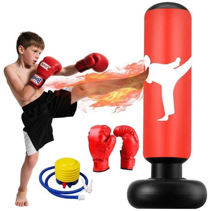 Saco de boxeo infantil de 160 cm con guantes y bomba, pelota de boxeo inflable para niños para taekwondo y karate, set de boxeo, color rojo.