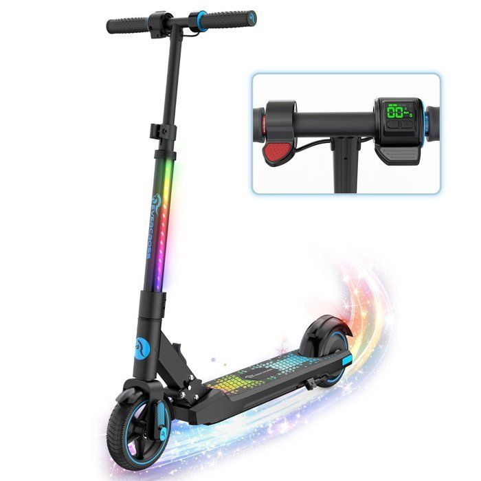 EVERCROSS EV06C Opvouwbare elektrische scooter voor kinderen en tieners, LED-scherm, kleurrijke verlichting, 3 snelheden, verstelbare hoogte, cadeau, blauw