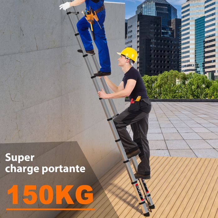 The 4.4-meter telescopic ladder is foldable, has 2 hooks, is a multi-purpose ladder, and has a maximum load capacity of 150 kg.