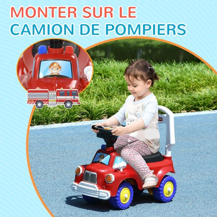 Juguete para niños con ruedas - AIYAPLAY - Camión de bomberos de juguete para empujar - 18-36 meses - Maletero, faros, música - Rojo