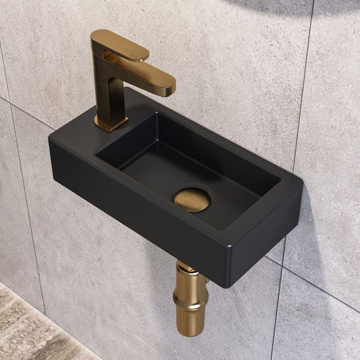Lavabo rectangular pequeño de cerámica negra mate para espacios reducidos (lado izquierdo), DV-1V0091L - DeerValley
