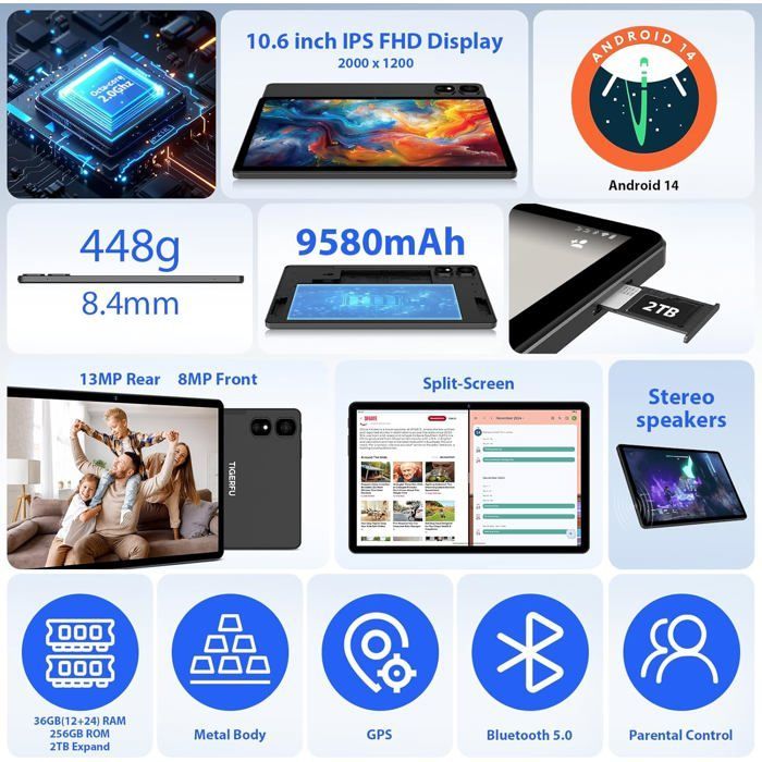 Tablet de 10,6 pulgadas - ETHNICS ORIGINS - TIGERFU - Android 14 - 36 GB de RAM - 256 GB de almacenamiento - 4G LTE