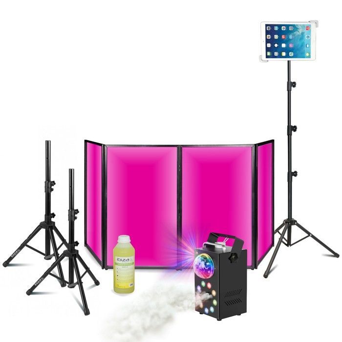 Pack Lumière DJ Façade 1200 x 700 - Machine à fumée Lumineuse Ibiza FOGGY-ASTRO - Pied Support Tablette - 2 Supports Enceintes