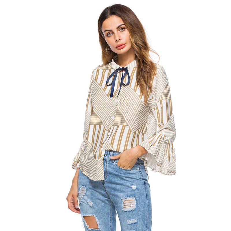 Chemise automne européenne et américaine pour femmes commerçantes à l'étranger, imprimé géométrique, manches trompette plissées, en coton et lin, nouvelle mode