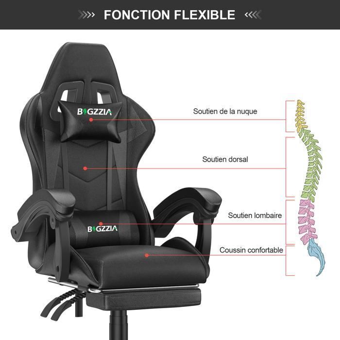 Chaise de gaming de bureau avec repose-pieds ergonomique, pivotant à 90 °, avec coussin lombaire & appuie-tête, réglable en hauteur