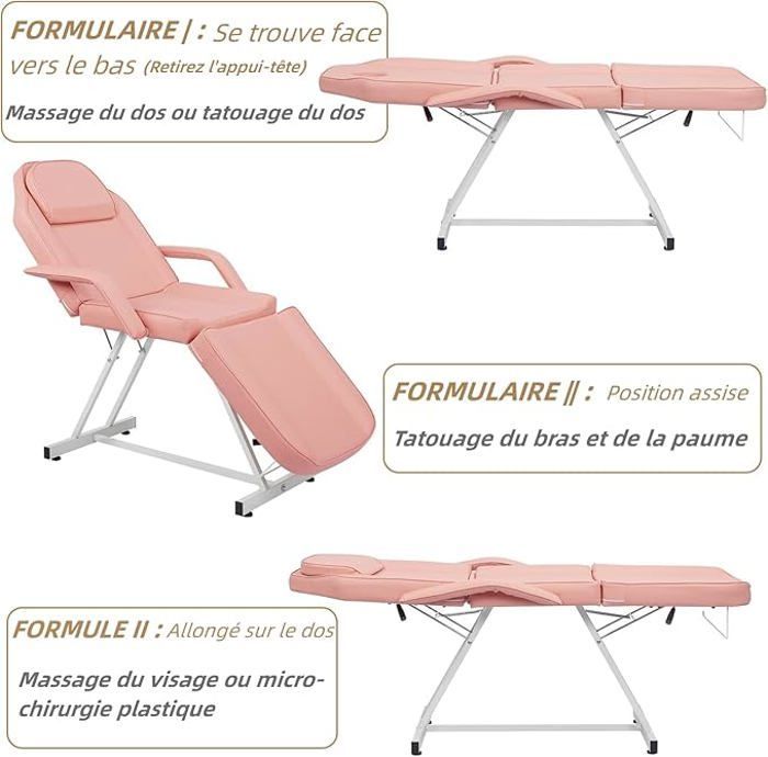 Camilla de masaje con estructura de hierro, patas y respaldo ajustables con taburete, 186 x 82 x 70 cm, color rosa.