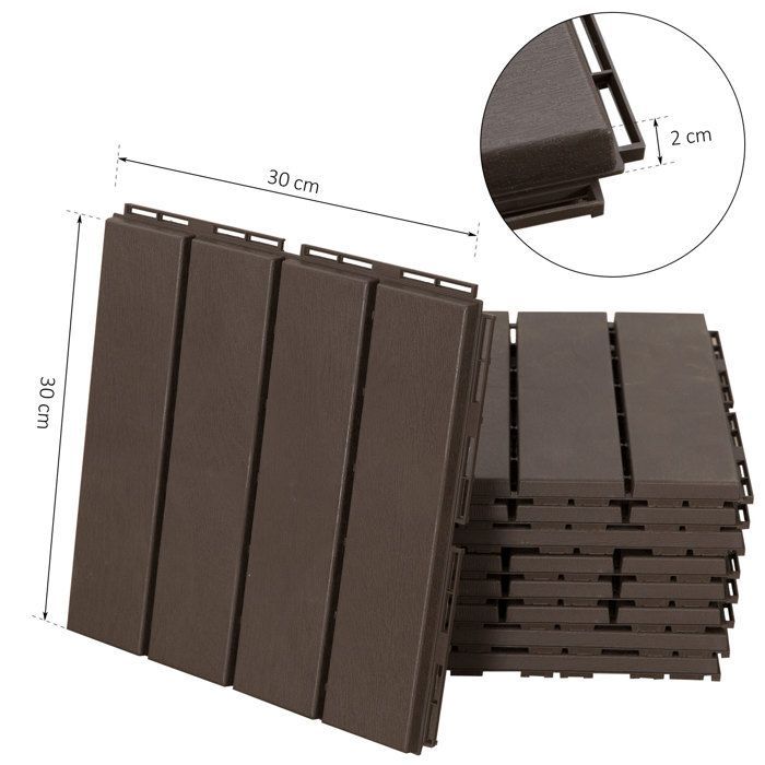 Baldosas para terraza Outsunny - juego de 9 baldosas entrelazadas con efecto madera color chocolate - plástico - 30x30cm - chocolate
