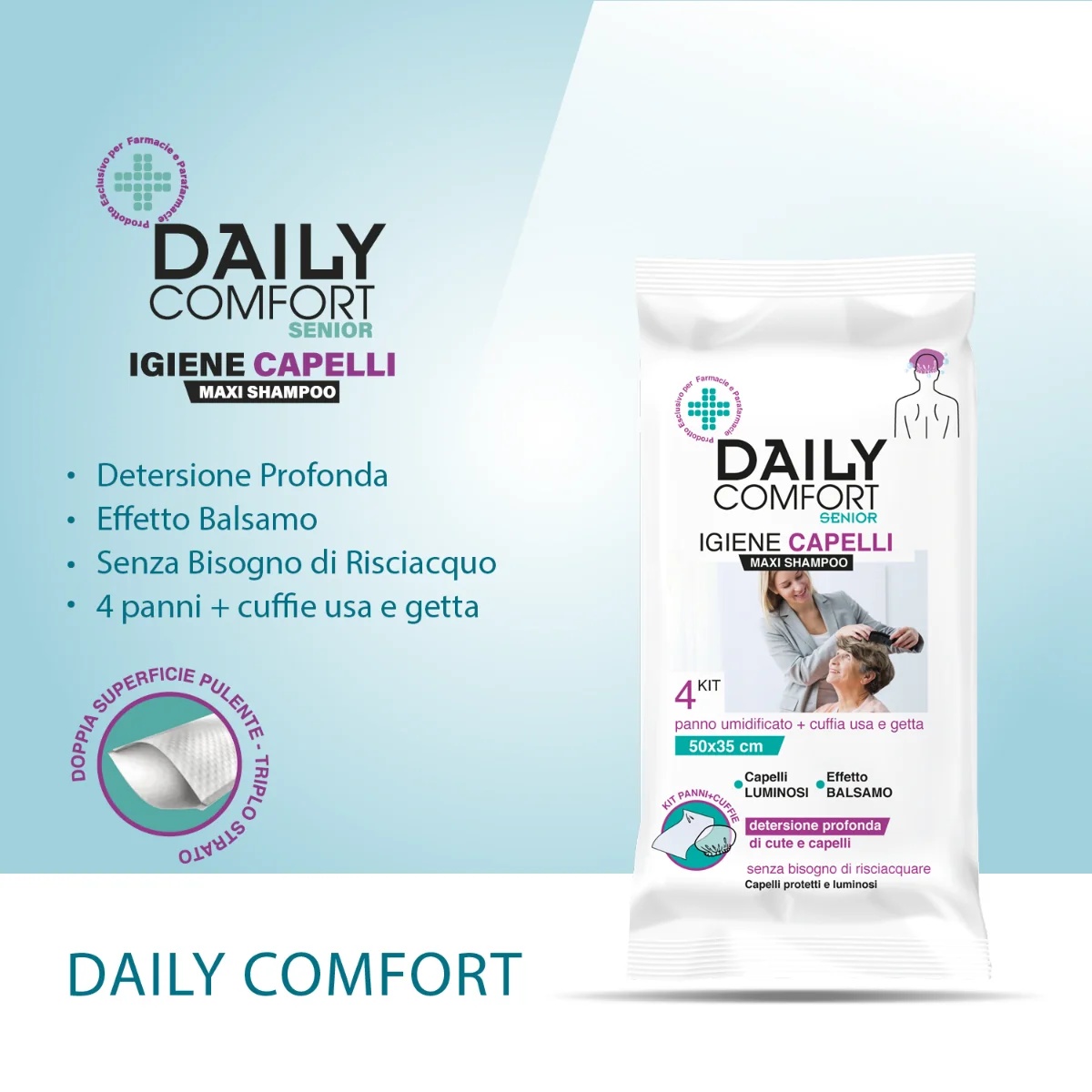 Lenços umedecidos Daily Comfort Senior para limpeza capilar, pacote com 4 unidades.
