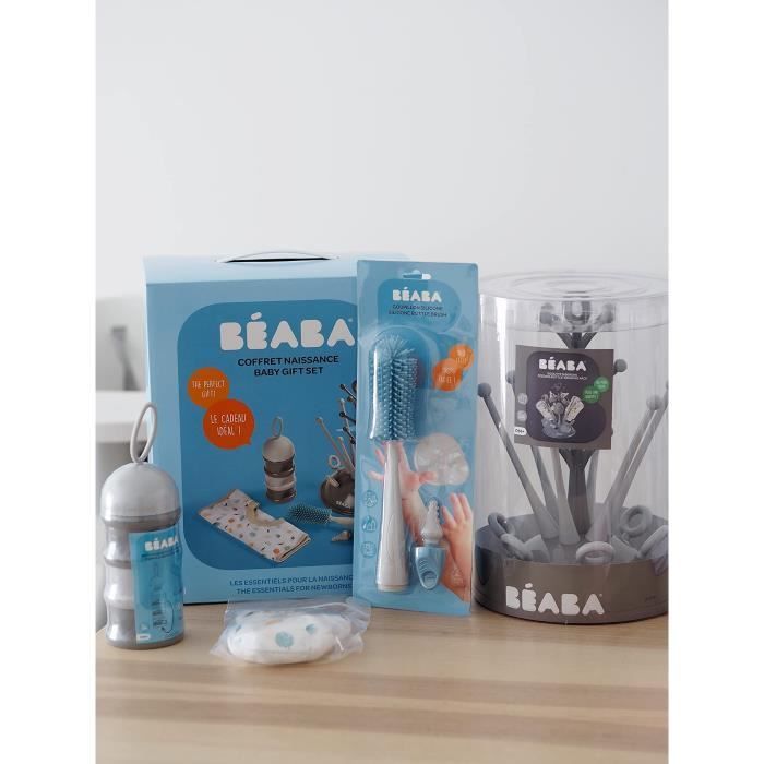 BEABA, Set regalo per neonati: scolabiberon Grey Tree + misurino spray nebulizzatore chiaro/scuro + spazzolino in silicone per biberon + bavaglino in cotone tropicale