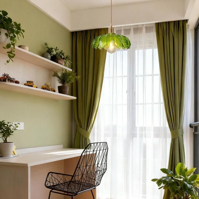 Lámpara de araña vintage verde iDEGU, lámpara de techo vintage con pantalla de cristal con diseño floral, portalámparas E27, estilo nórdico, 25 cm