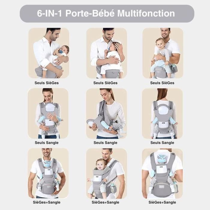 Portabebés multifuncional 6 en 1 para senderismo con asiento ergonómico ajustable para bebés y niños de 3 a 36 meses, color gris.