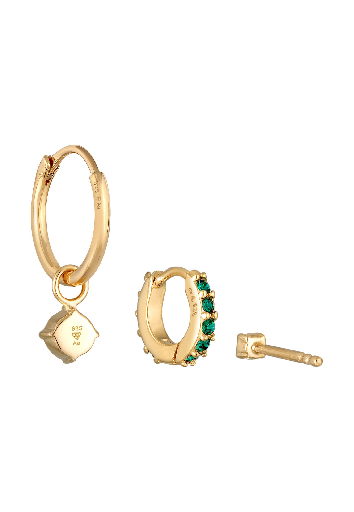 Elli Femmes Créoles Set Clous d'Oreilles avec Cristal vert en Argent Sterling 925 Plaqué Or