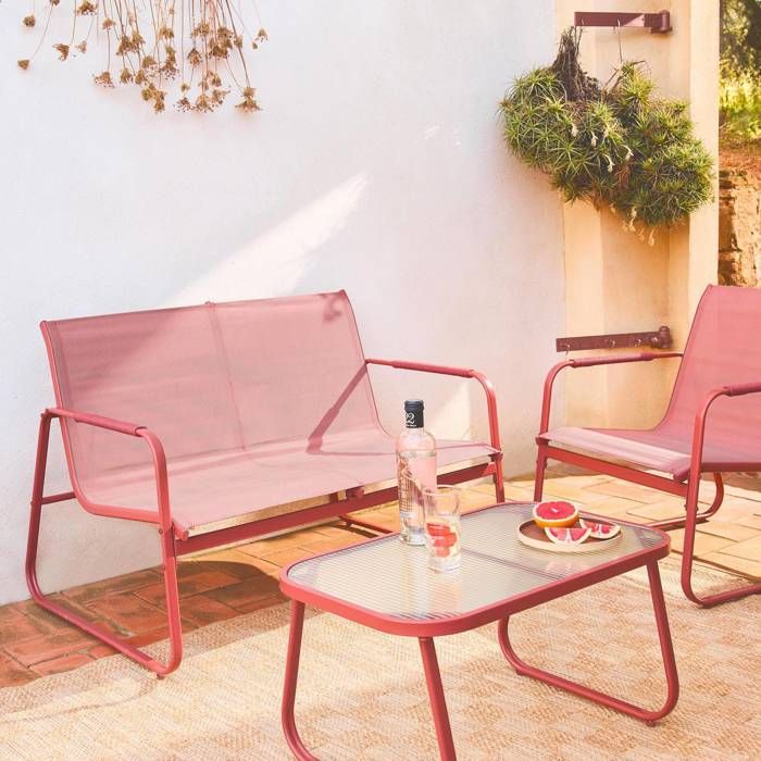 Conjunto de muebles de jardín NOTO de acero y terracota. 4 plazas. Un sofá. Una mesa. Dos sillones de textileno.