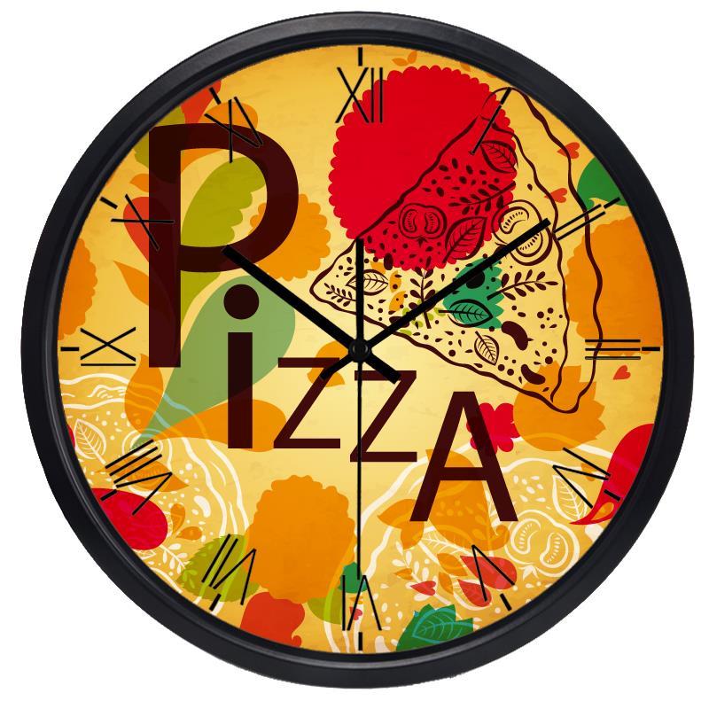 Creatieve pizzawinkel glazen wandklok metalen keukenklok