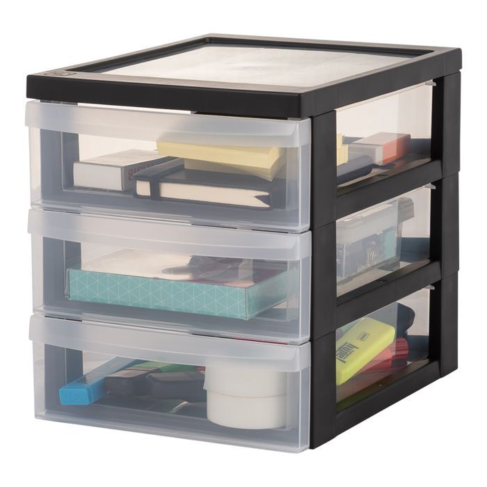 Iris Ohyama, A5 Plastic Desk Storage Tower, 3 Small Drawers, Black, DC-A5