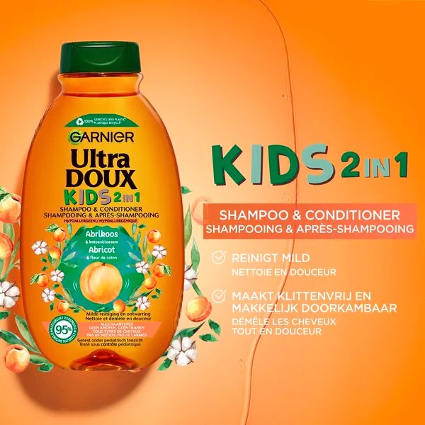 Garnier Ultra Doux Kids 2 viename šampūnas ir kondicionierius su abrikosų ir medvilnės žiedų aromatu, 300 ml