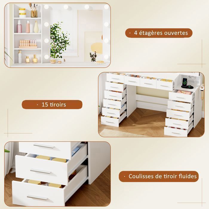 Coiffeuse Grande avec Miroir , LED Réglable, Prise et Port USB, 15 Tiroirs, 135X40X140cm，Blanc