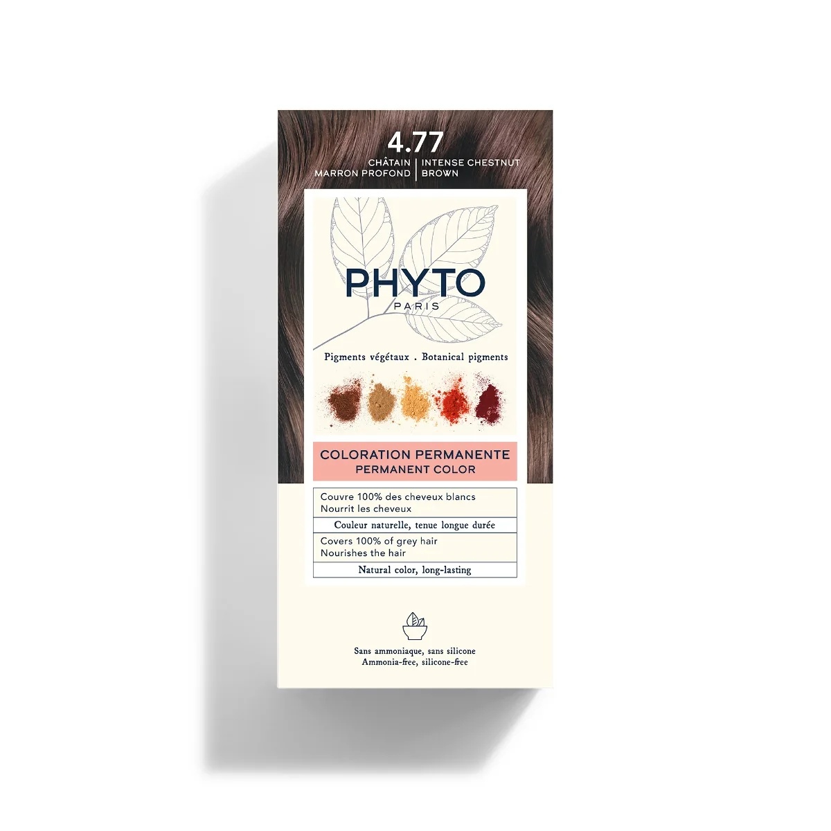 PHYTO Phytocolor 4.77 Intensīvi brūna permanentā krāsa bez amonjaka 100% nosedz sirmus matus.