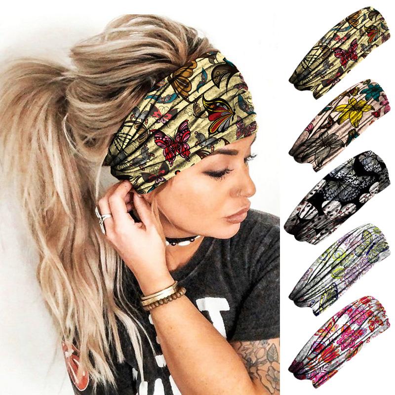 Faixas de cabelo vintage boêmias com estampa de borboletas, faixas largas para a cabeça, turbantes, bandanas, lenços esportivos, acessórios de cabelo femininos.