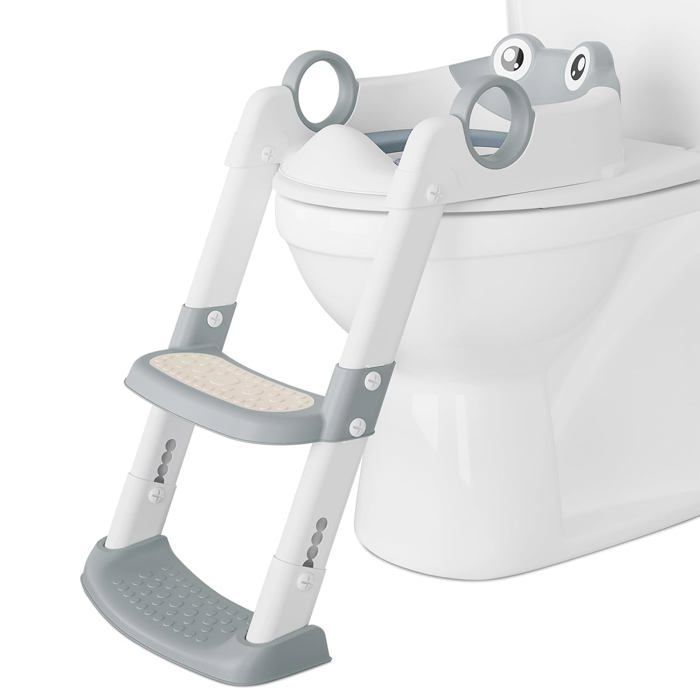 Reductor de asiento de inodoro infantil con escalón y cojín - Asiento de inodoro plegable, altura ajustable para niños y niñas - A partir de 1 año, gris