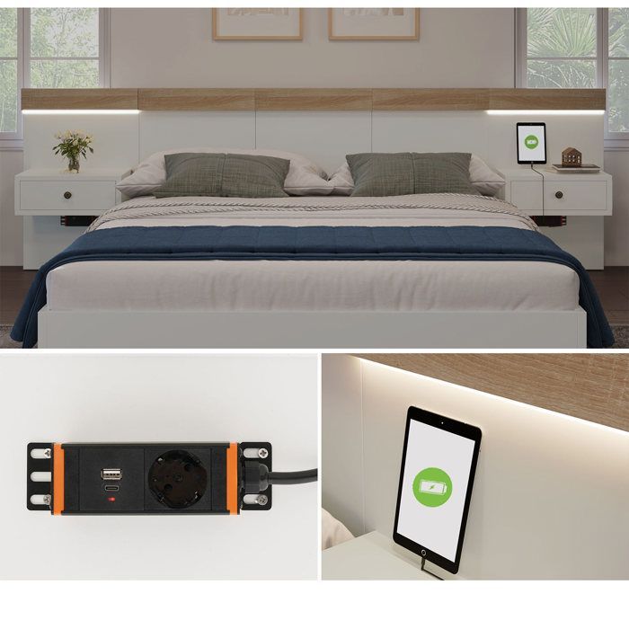 ModernLuxe Doppelbett für Erwachsene, 140 x 200 cm, mit schwebenden Nachttischen, LED-Beleuchtung und USB-Anschlüssen, Holzrahmen, Lattenrost, Eiche +