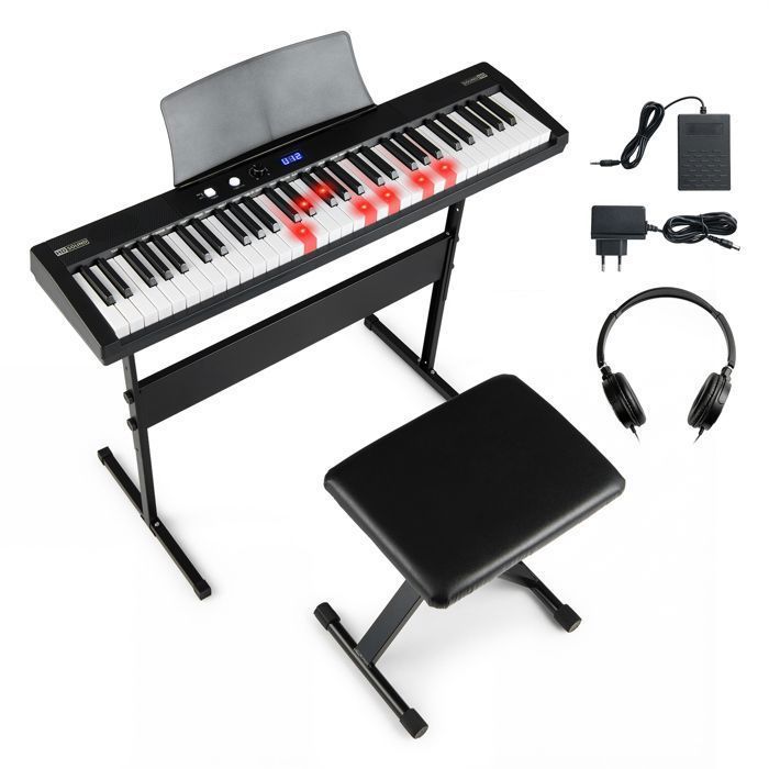 Clavier Electronique 61 Touches Lumineuses avec Tabouret COSTWAY-Support Réglable-Mode Enseignement-Jeu en Duo-Fonction MIDI à APP