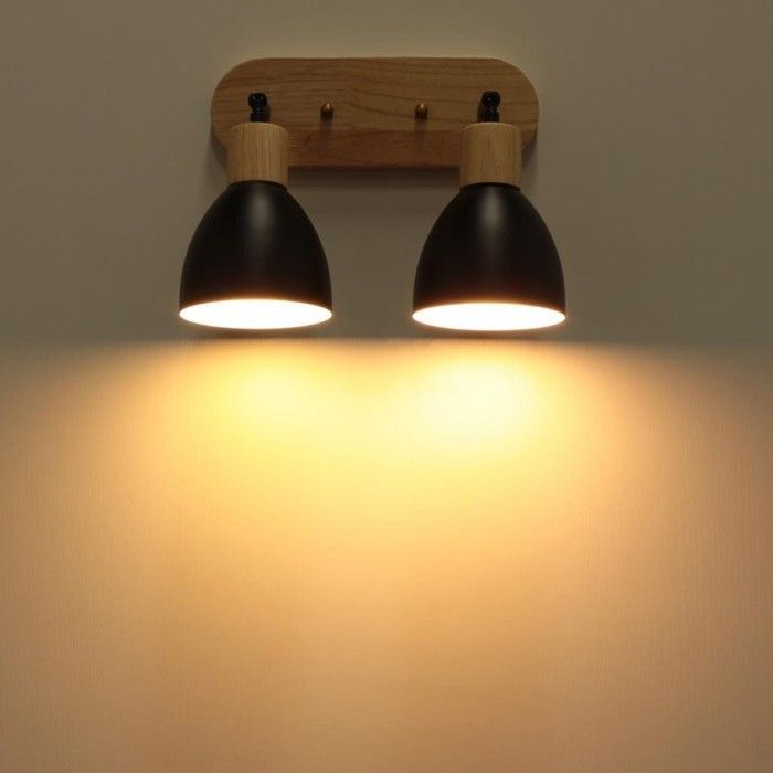 WOTTES 1pcs Applique Murale 2 têtes Industrielle Vintage Lampe en Bois Métal Noir Rétro E27 Luminaire pour Couloir Restaurant