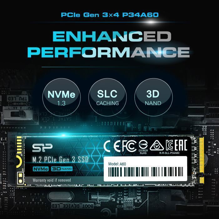 Disque SSD Interne - Silicon Power - P34A60 256Go - NVMe PCIe Gen3x4 M.2 Lecture Écriture 2200 1600 Mo/s