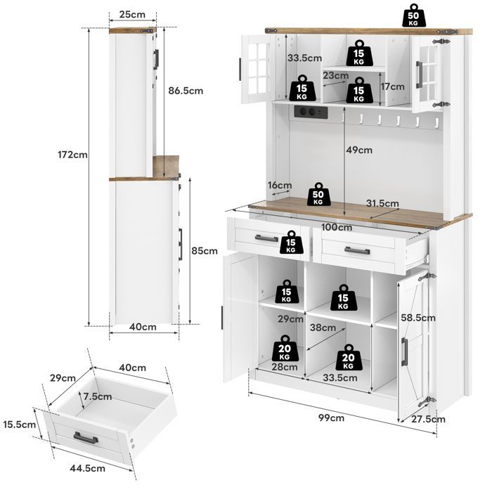 Buffet de cozinha com visor LED - 100x40x172cm - Branco - Buffet alto