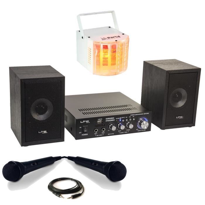 KARAOKE-STAR2MKII Kids Pack - 2 Speakers, 2 Microphones, 1 Bluetooth Amplifier, USB, SD, 100W - Multi-Beam Derby Light Show - Gift