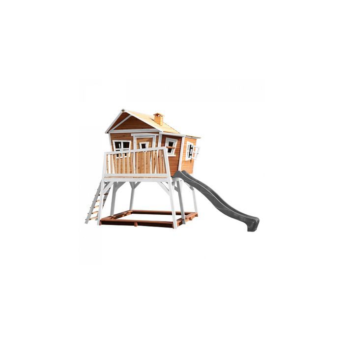 Casita de juegos infantil AXI Max con arenero y tobogán (gris) | Zona de juegos exterior en marrón y blanco