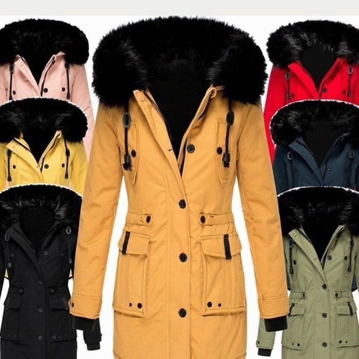 Doudoune polaire Femmes hiver chaud avec capuche col en fausse fourrure Coupe-Vent XD609 Bleu