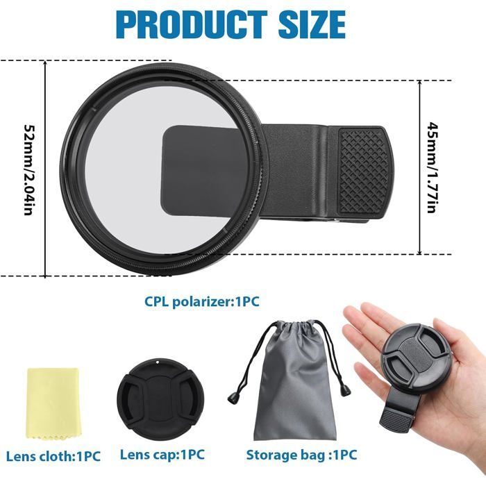 Filtre polarisant, support de filtre CPL 52 mm pour objectif d'appareil photo de téléphone, pour réduire l'éblouissement.