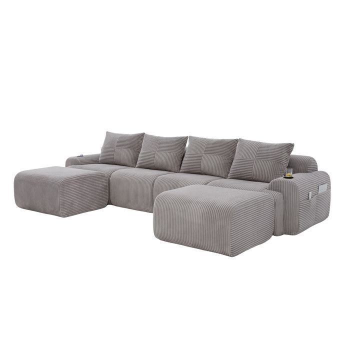 MEUBLIV Canapé modulable 4 places avec 2 poufs, porte-gobelets et sacs de rangement, 333x174x80cm, velours côtelé, gris clair