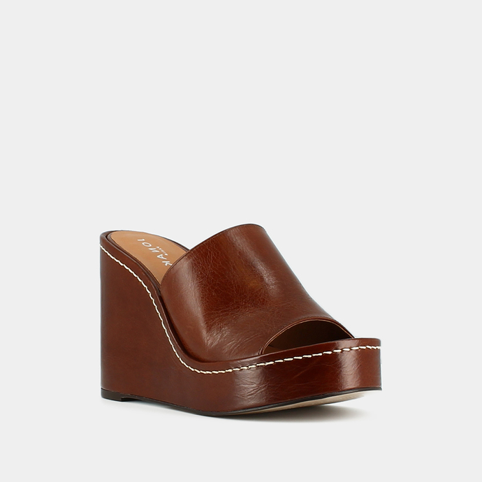 Mules compensées  en cuir vieilli marron
