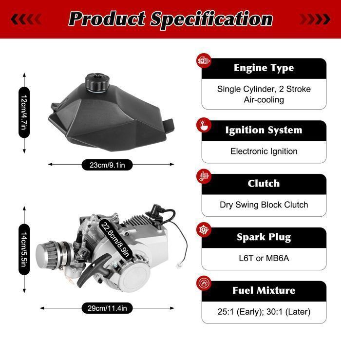 Kit de motor - Mini motor de 49 cc y 2 tiempos para minimoto, minimoto de cross, ATV, scooter - Motor de gasolina monocilíndrico refrigerado por aire