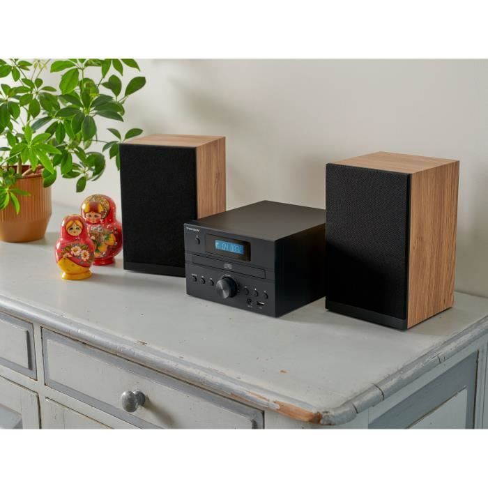 Sistema micro Hi-Fi Bluetooth - THOMSON - Legno/Nero - Radio FM/CD/MP3/USB, 20W RMS, sintonizzatore FM RDS, jack per cuffie, telecomando, alimentatore 230V