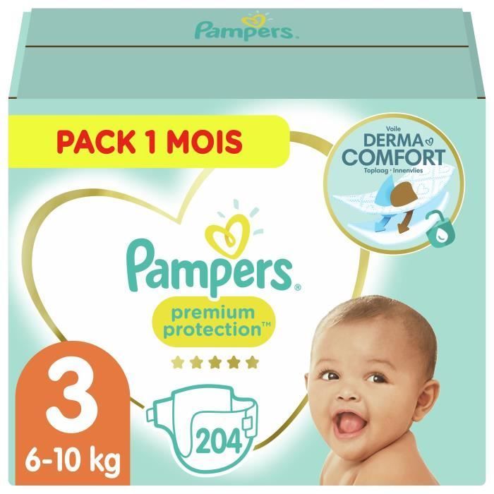 PAMPERS Premium Protection Taille 3 - 5 à 9 kg - 204 Couches - Pack 1 Mois