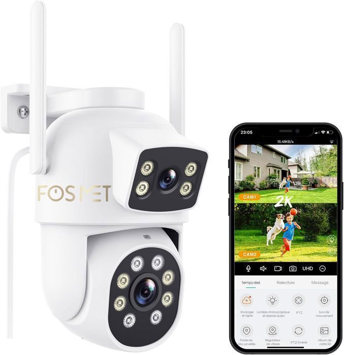 FOSMET WiFi Surveillance Camera, 2K Dual Lens, Color Night Vision, Two-Way Audio, Smart Tracking, IP66 Waterproof
